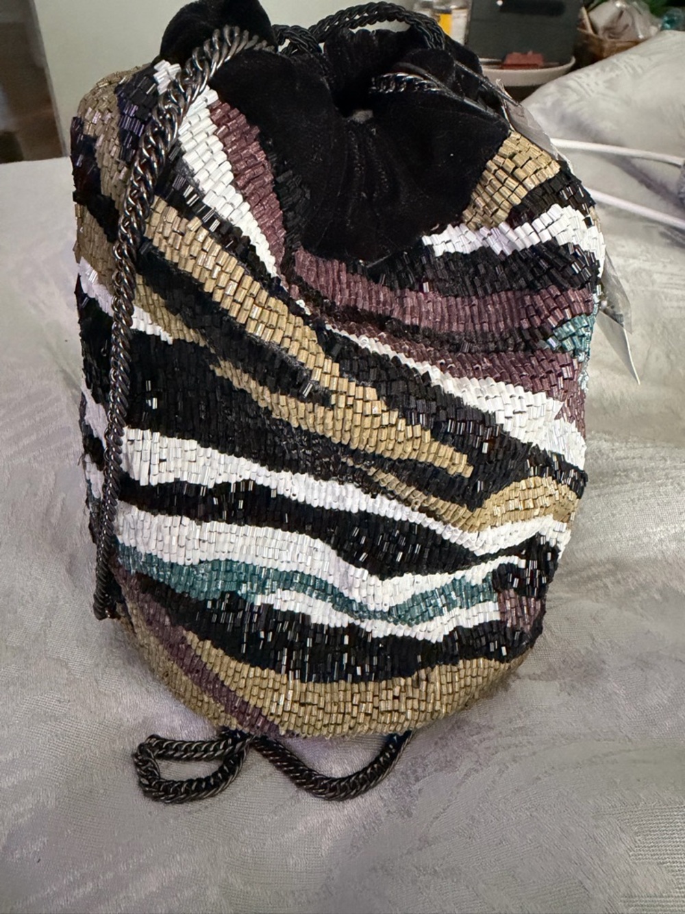 Zara Beaded Drawstring Mini Bag in Black, Pink & Olive - Picture 3 of 4